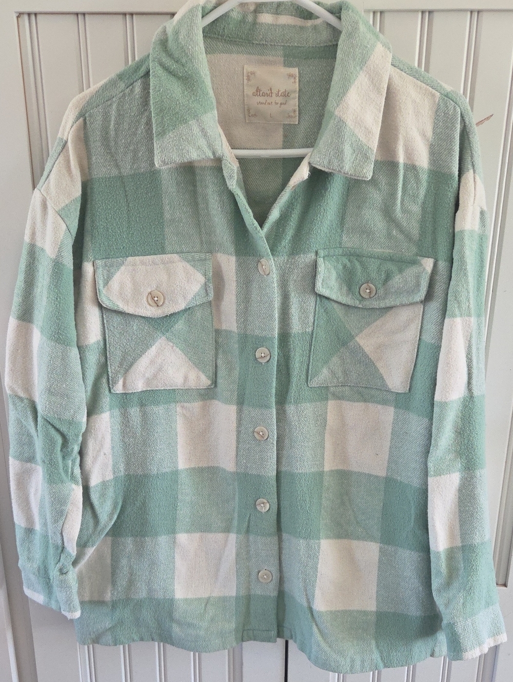 Altar'd State Mint Green and White Plaid Button-Front Shacket Womens L
